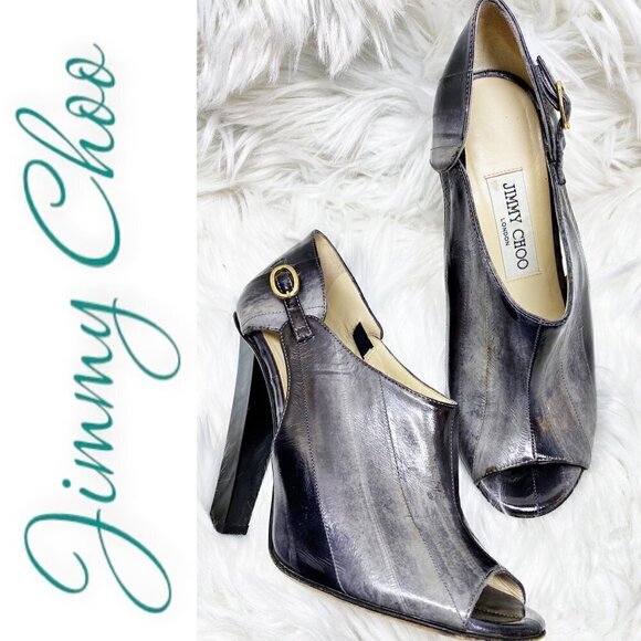 JIMMY CHOO Keira Gray Eel Skin Heeled Bootie, Size 36.5 - Picture 2 of 8